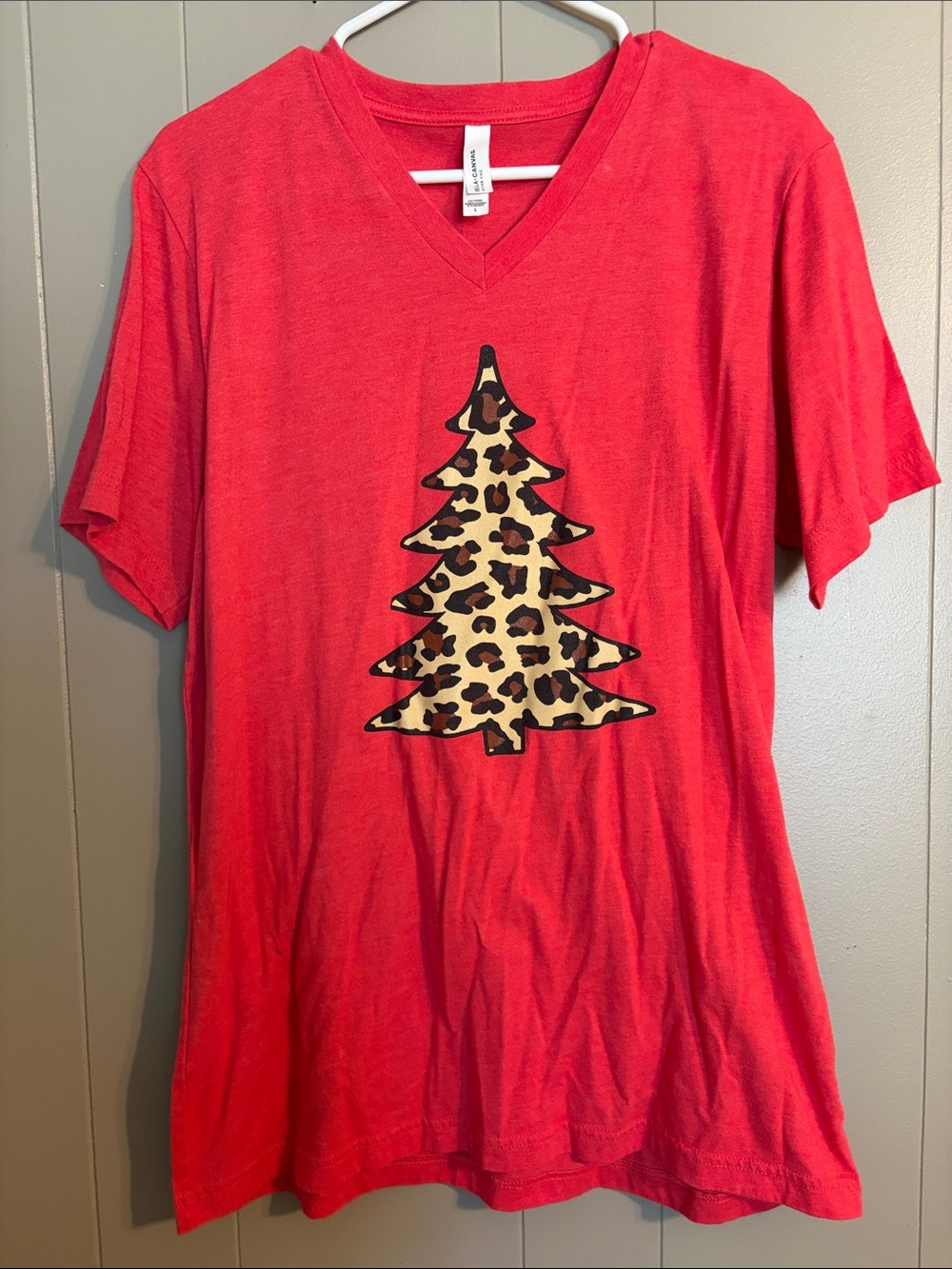 Bella Canvas Red V-Neck Tee with Leopard Print Tree Graphic